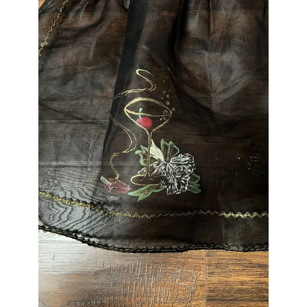 VTG Mid Century Sheer Black Half Apron Hand Painted Martini Cigarette Gold Trim